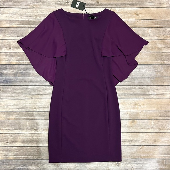 DKNY Wine Purple Sheer Capelet Butterfly Half Sleeve Short Dress 2 Stretch NWT - Picture 9 of 12